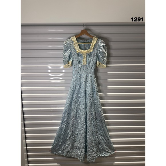 Vintage 1940's Seersucker Rose Floral Maxi Dress Lace Trim Prairie Cottagecore - Picture 2 of 7